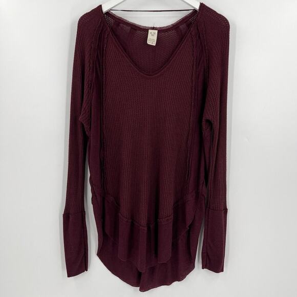 We The Free People Laguna Waffle Knit Top‎ Burgundy Red Long Sleeves Size Medium - Picture 3 of 11